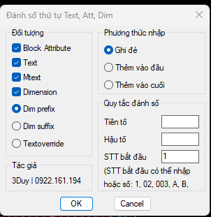 AutoLISP Đánh STT Text, Attribute, Dimension – Copy tăng/giảm & Thêm nội dung hàng loạt