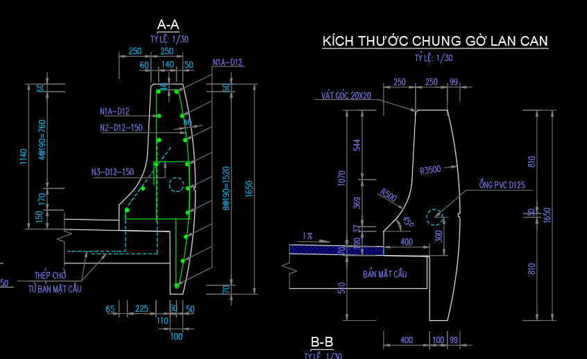 Bản vẽ thiết kế gờ lan can bê tông trên cầu